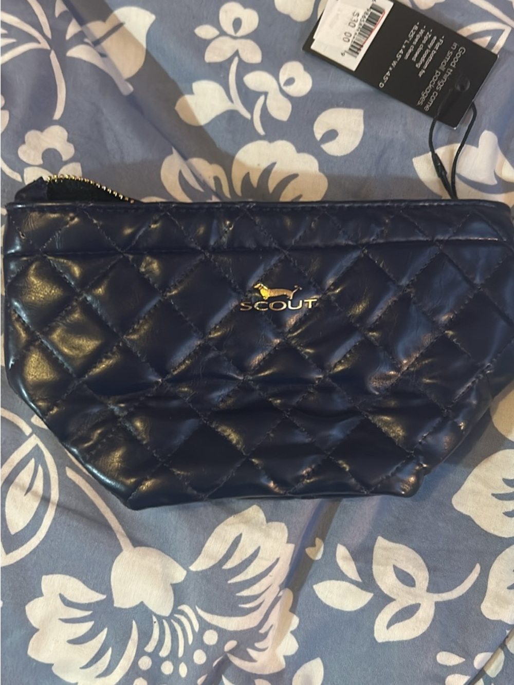 Scout Quilted Cosmetic Pouch in Navy with Gold Logo